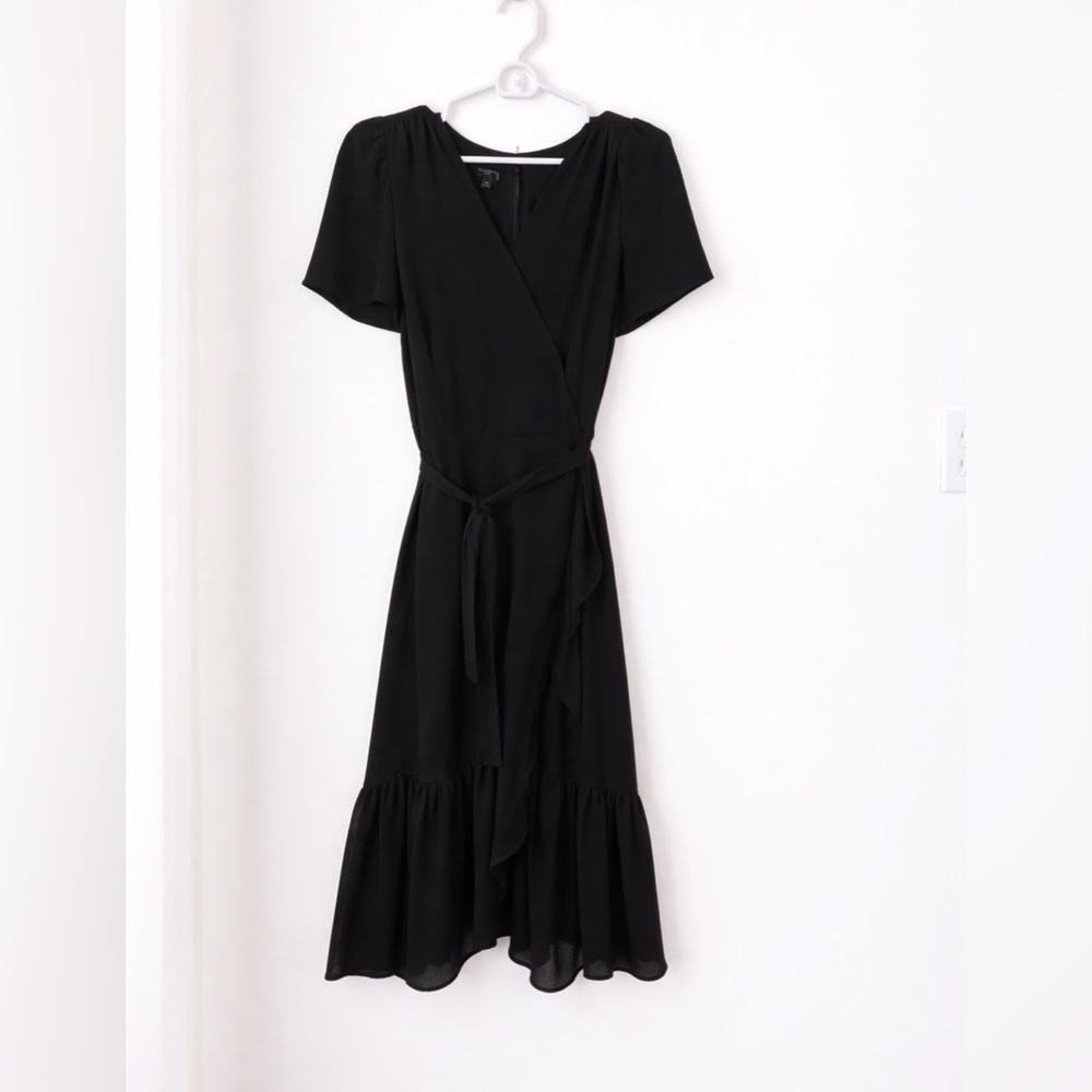 Talbots Petite Black Wrap Dress 8P | Ruffle Hem Midi | Classic Elegant - Picture 2 of 3